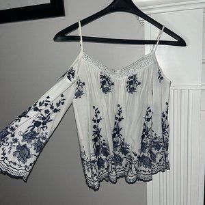 White and Blue Floral Off the Shoulder Long-sleeve